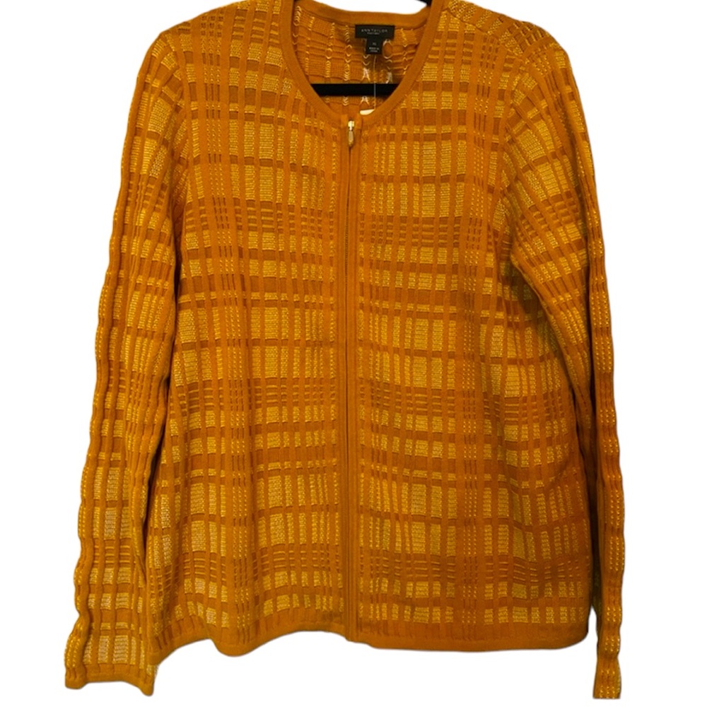 NWOT Ann Taylor Factory Zip Up Cardigan. Mustard, textured knit. Size Medium